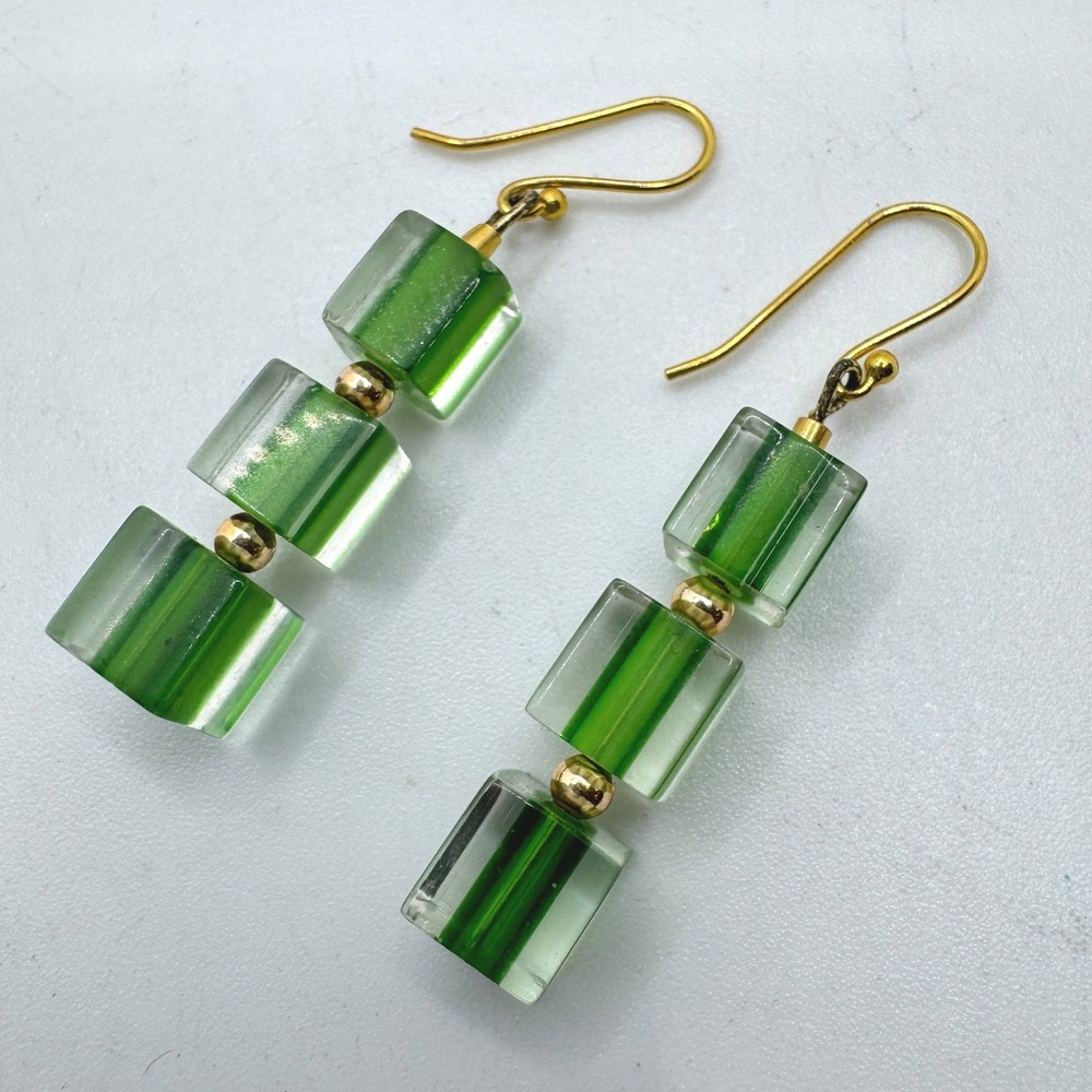Green Striped Glass Cube Triple Drop Earrings Gold Tone French Hook Geometric